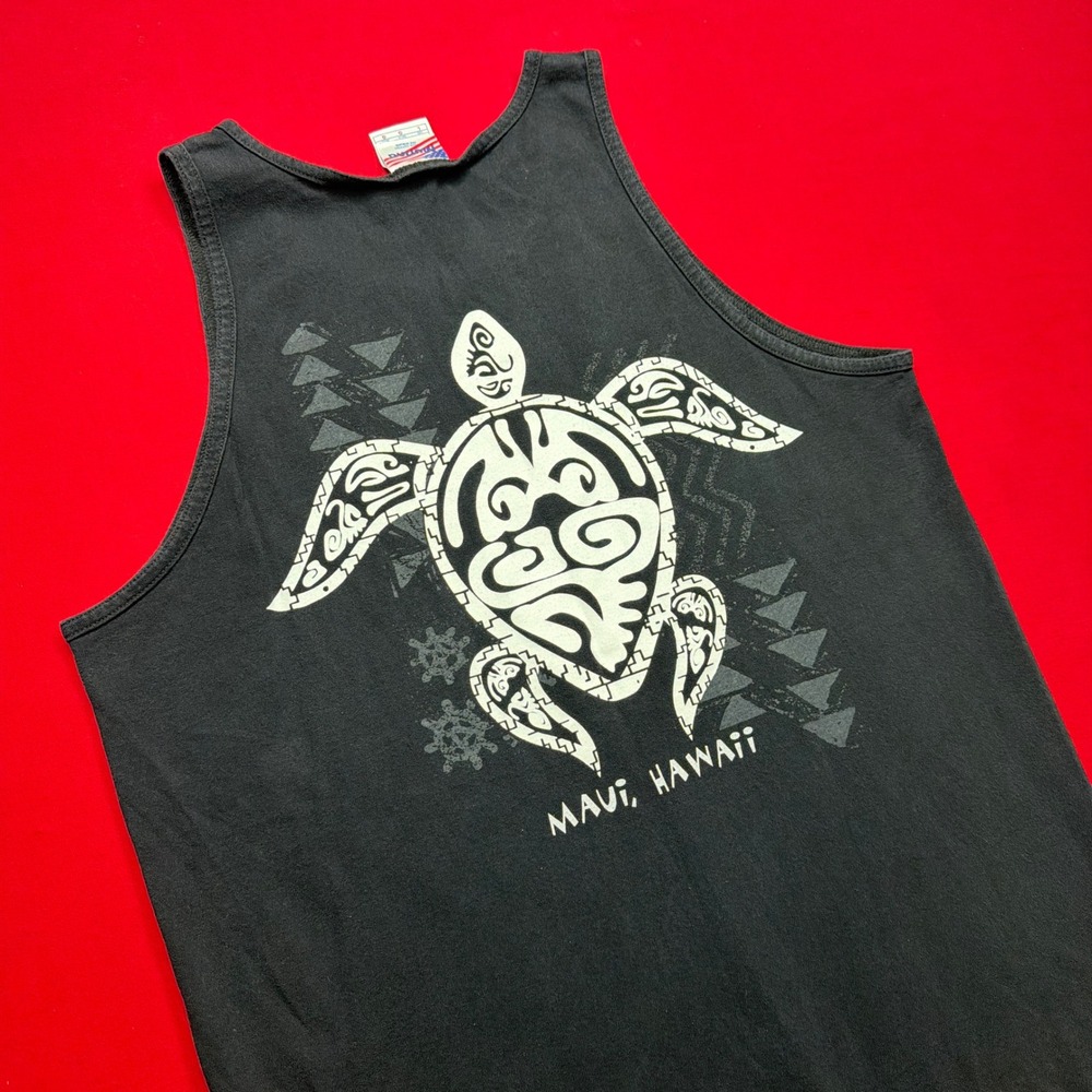 Vintage 90s SURF Murina Maui Hawaii Sea Turtle Tribal Tank Top Mens L Black USA